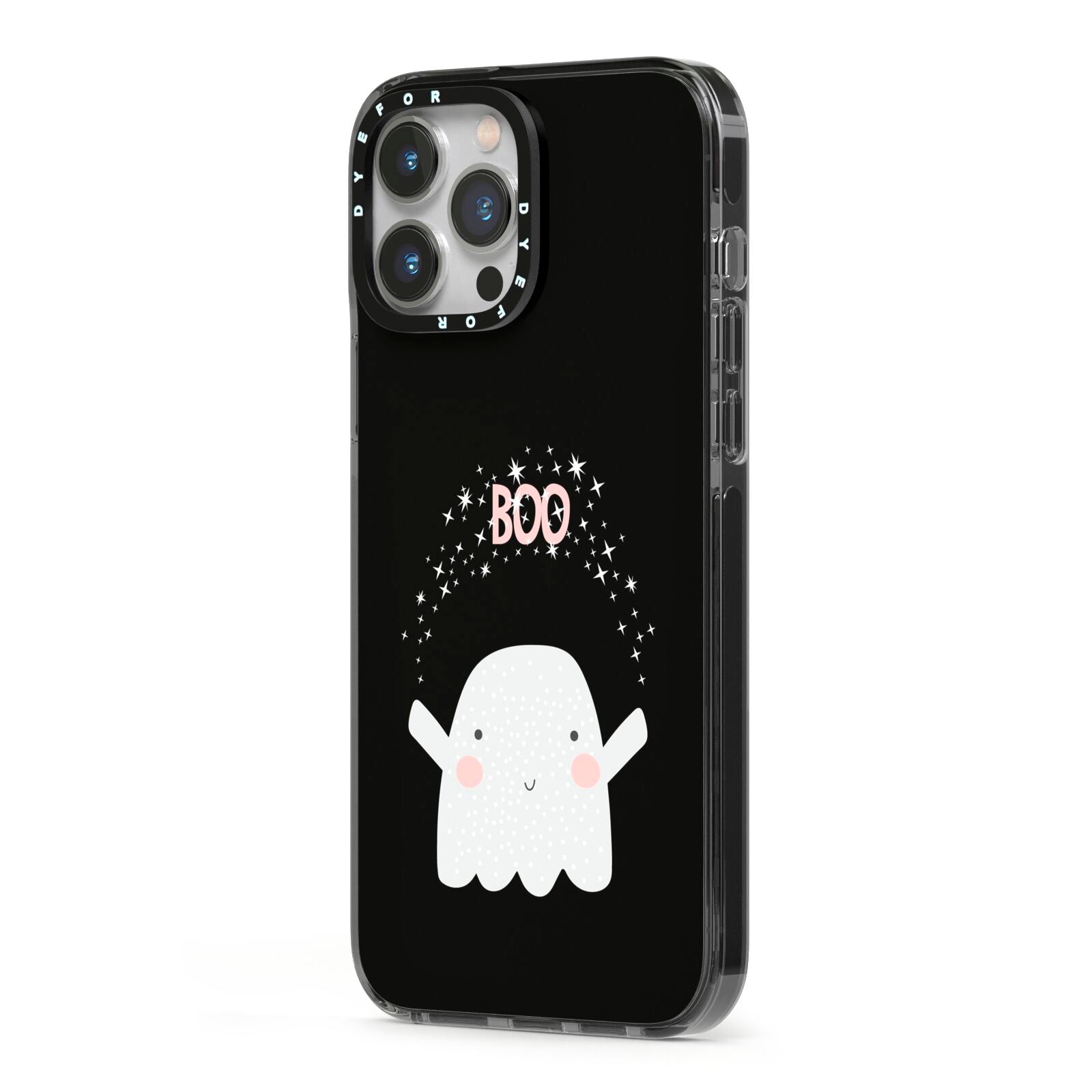 Magical Ghost iPhone 13 Pro Max Black Impact Case Side Angle on Silver phone