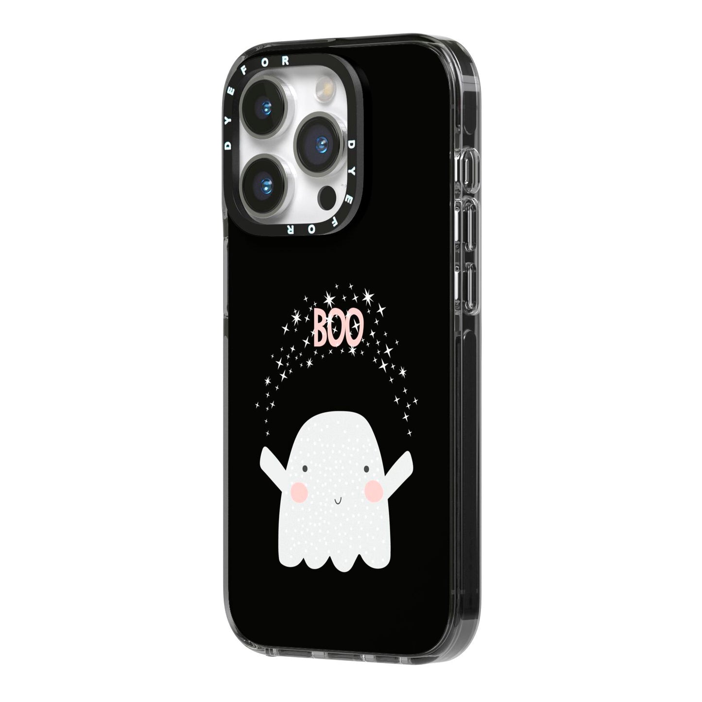 Magical Ghost iPhone 14 Pro Black Impact Case Side Angle on Silver phone