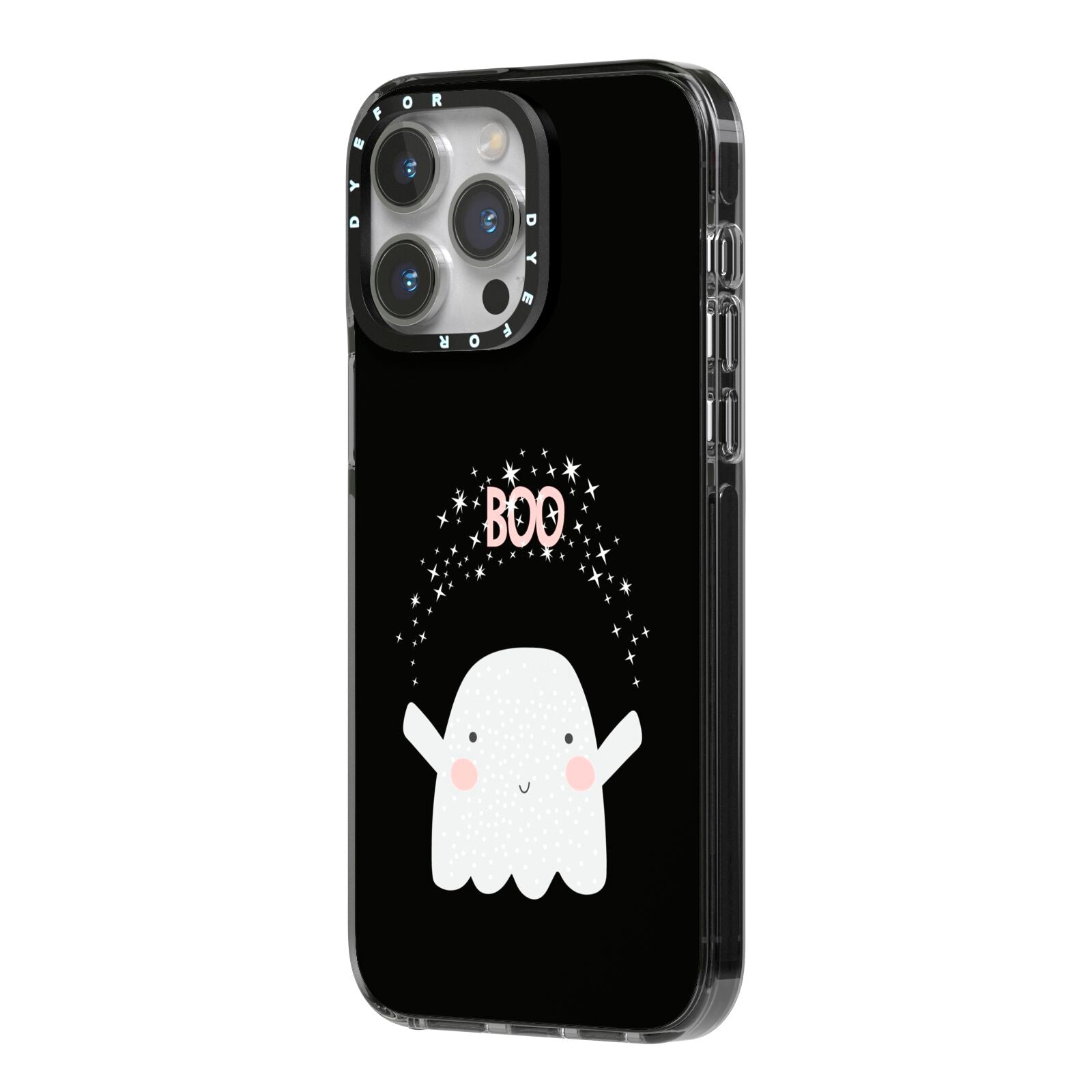 Magical Ghost iPhone 14 Pro Max Black Impact Case Side Angle on Silver phone