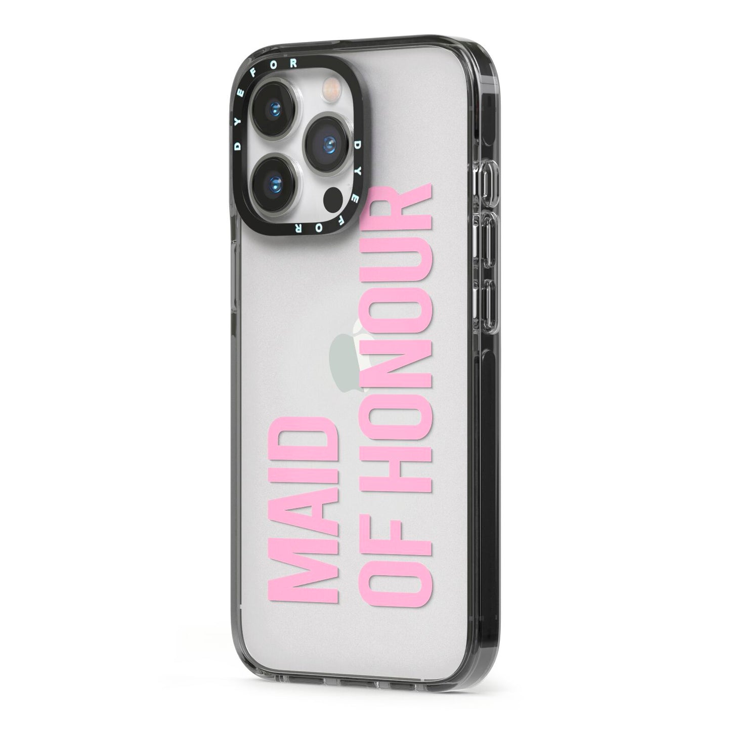 Maid of Honour iPhone 13 Pro Black Impact Case Side Angle on Silver phone