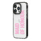 Maid of Honour iPhone 14 Pro Black Impact Case Side Angle on Silver phone