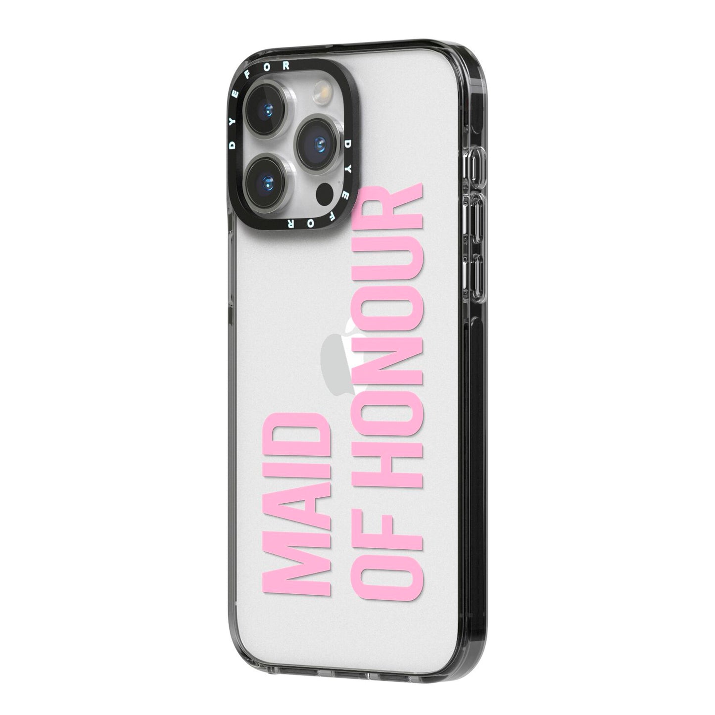 Maid of Honour iPhone 14 Pro Max Black Impact Case Side Angle on Silver phone