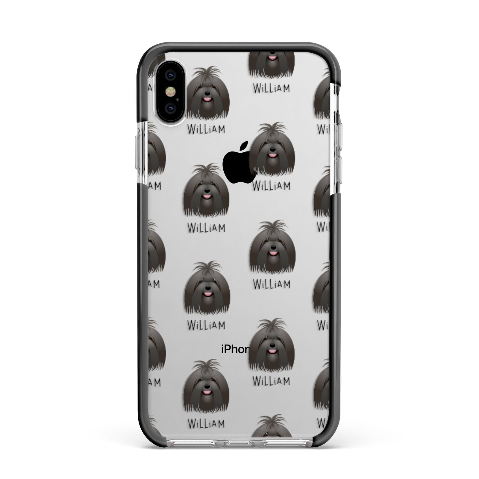 Maltese Icon with Name Apple iPhone Xs Max Impact Case Black Edge on Silver Phone