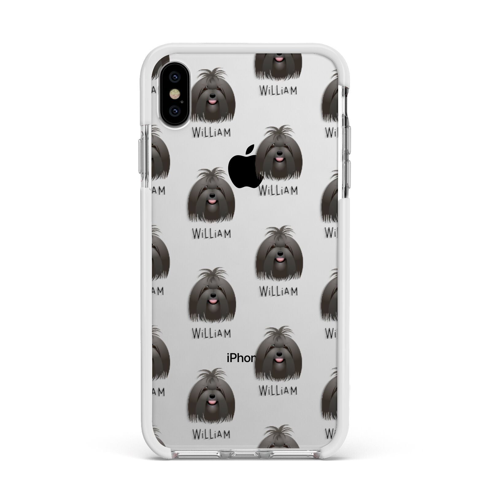 Maltese Icon with Name Apple iPhone Xs Max Impact Case White Edge on Silver Phone