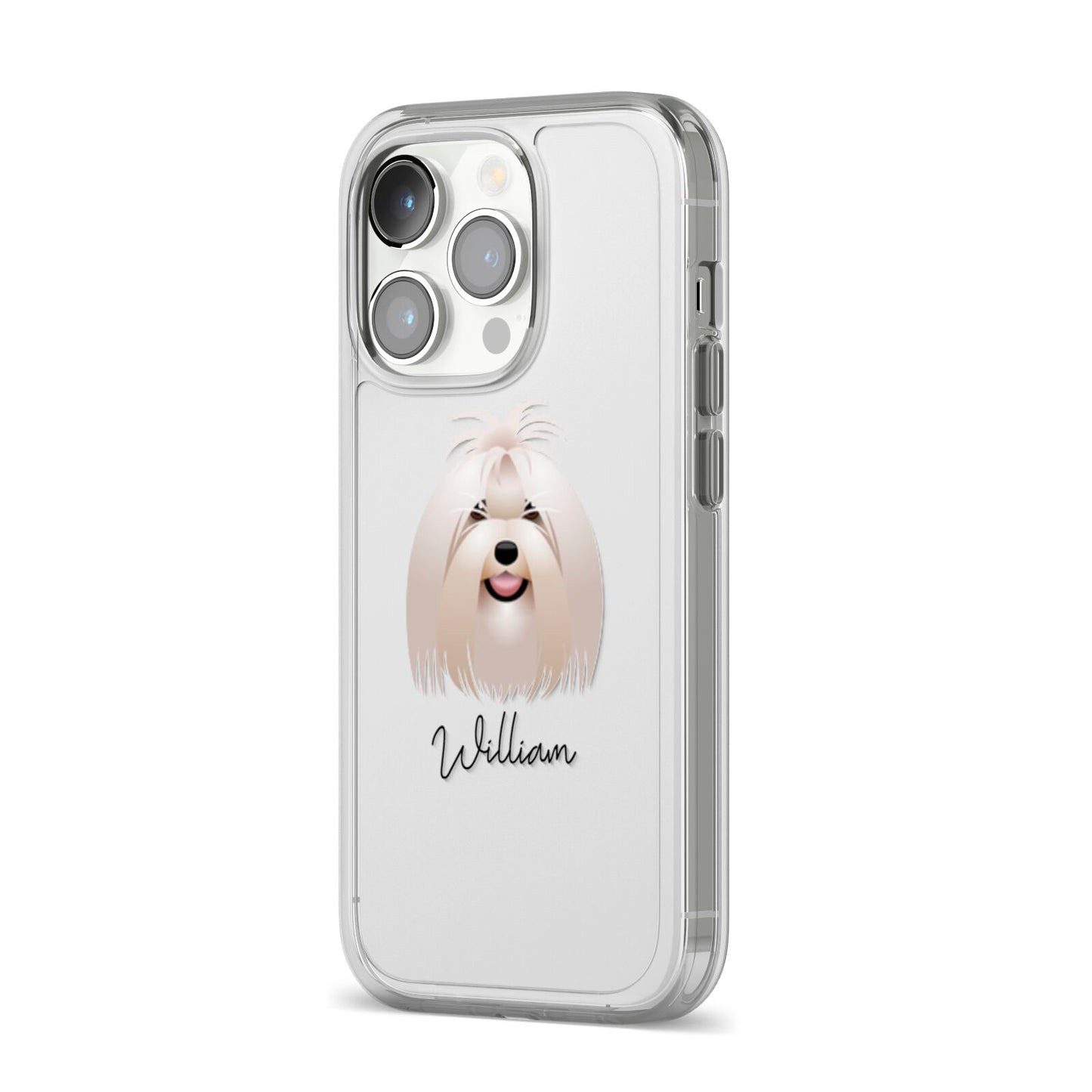 Maltese Personalised iPhone 14 Pro Clear Tough Case Silver Angled Image