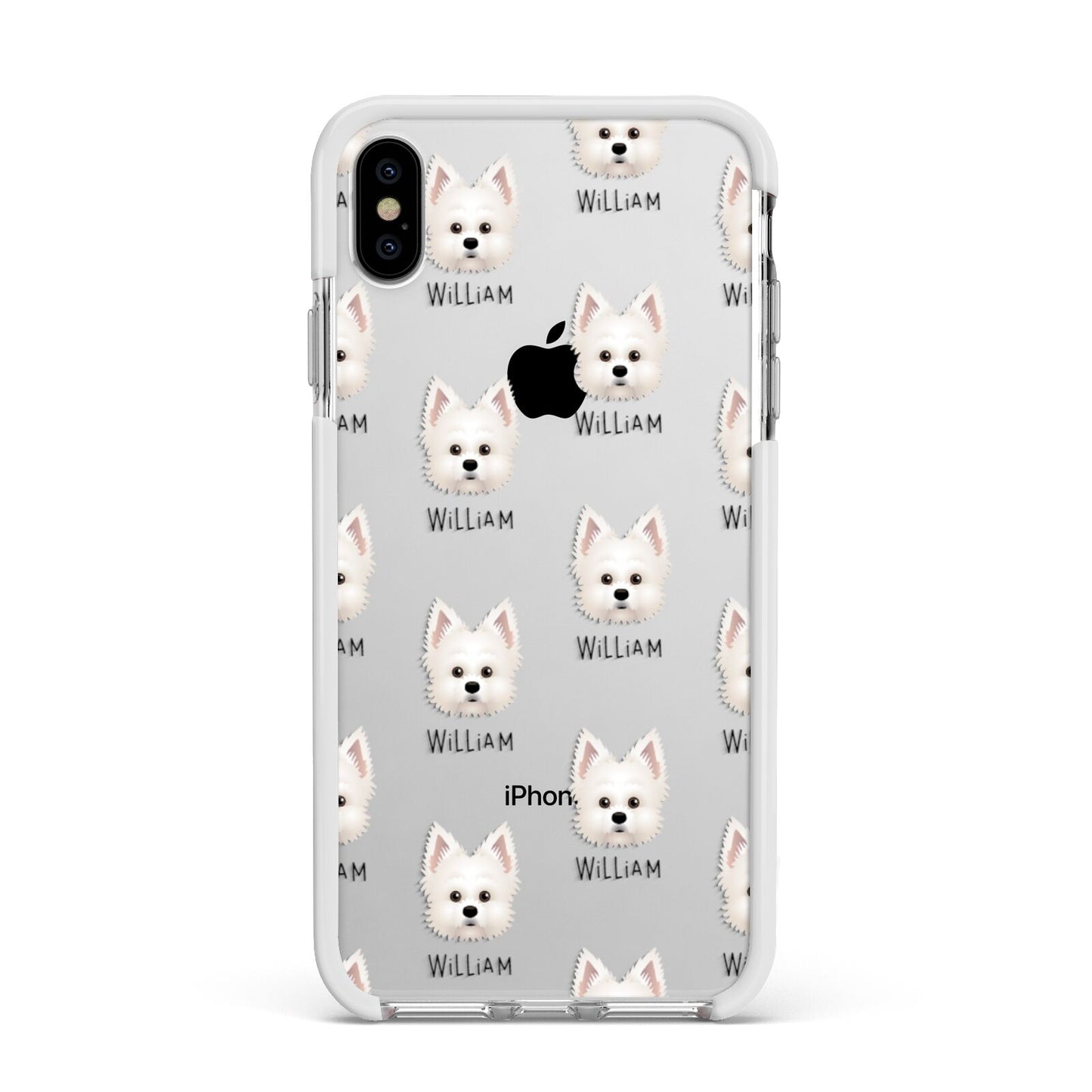 Maltipom Icon with Name Apple iPhone Xs Max Impact Case White Edge on Silver Phone