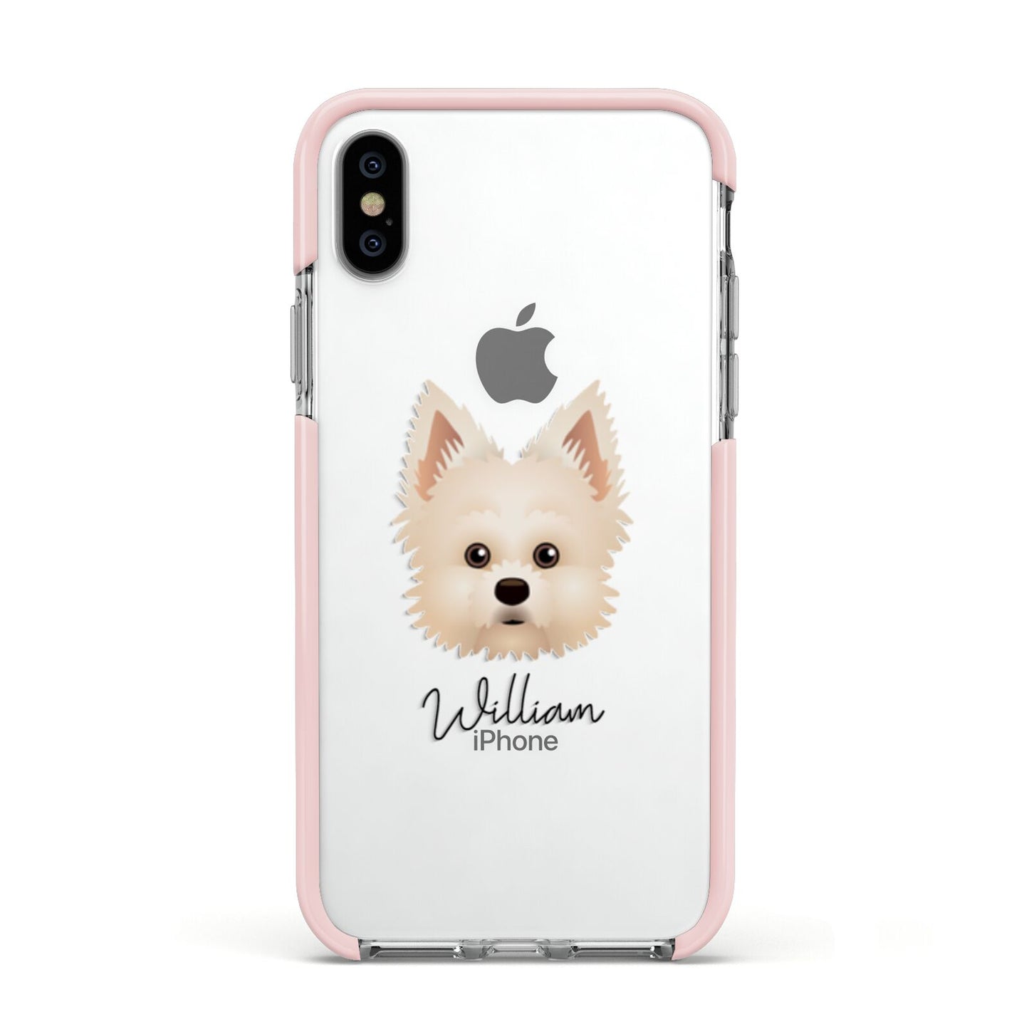 Maltipom Personalised Apple iPhone Xs Impact Case Pink Edge on Silver Phone
