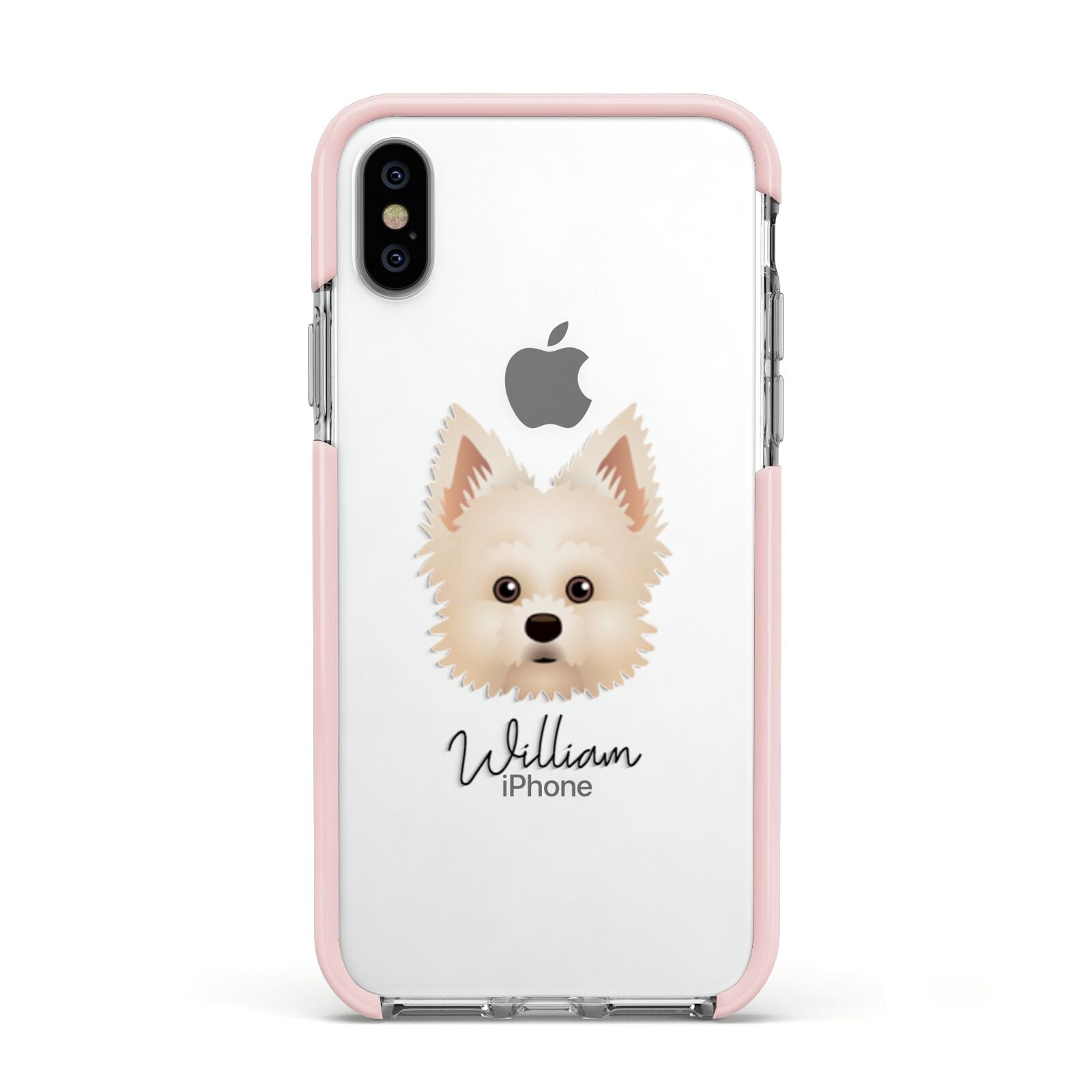 Maltipom Personalised Apple iPhone Xs Impact Case Pink Edge on Silver Phone