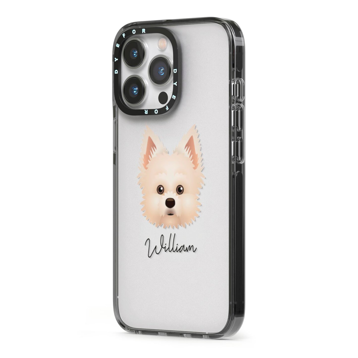 Maltipom Personalised iPhone 13 Pro Black Impact Case Side Angle on Silver phone
