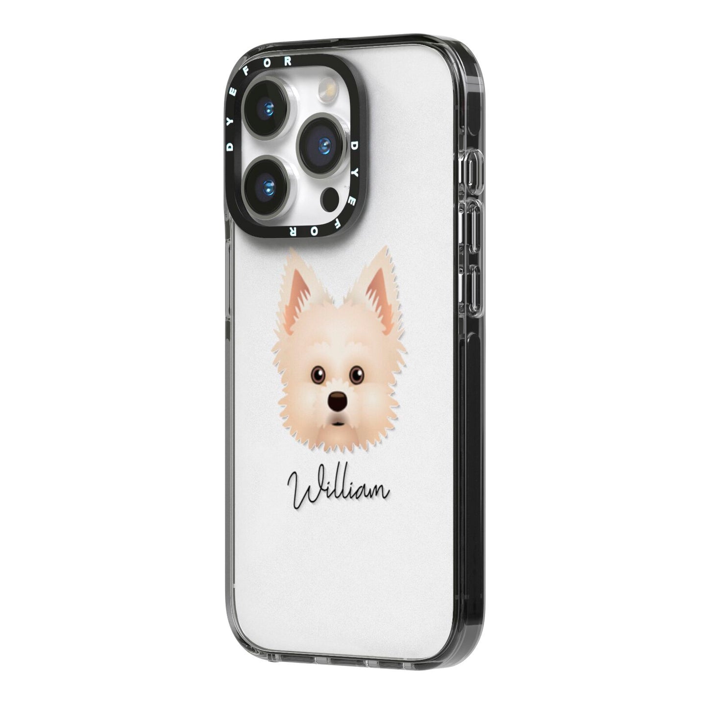 Maltipom Personalised iPhone 14 Pro Black Impact Case Side Angle on Silver phone