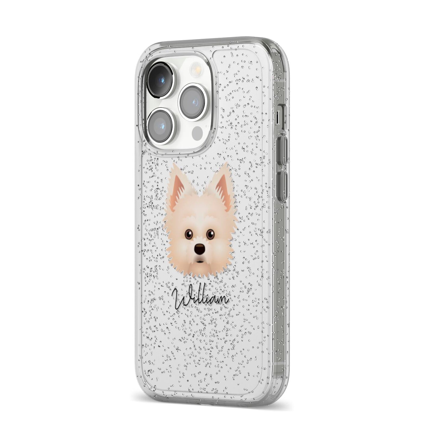 Maltipom Personalised iPhone 14 Pro Glitter Tough Case Silver Angled Image
