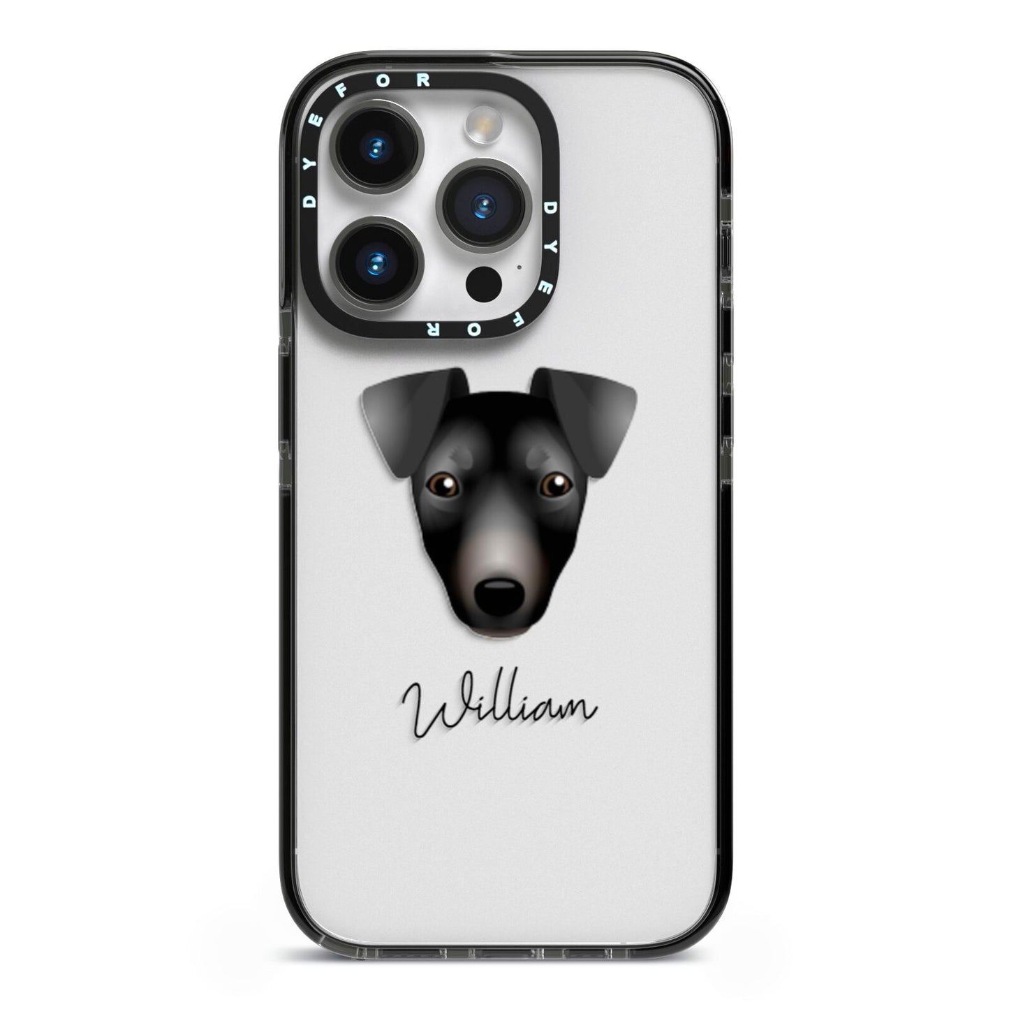 Manchester Terrier Personalised iPhone 14 Pro Black Impact Case on Silver phone