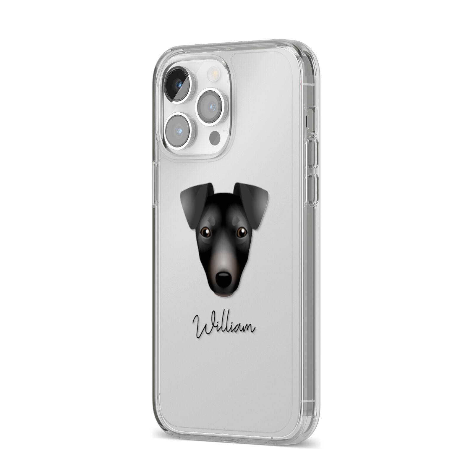 Manchester Terrier Personalised iPhone 14 Pro Max Clear Tough Case Silver Angled Image