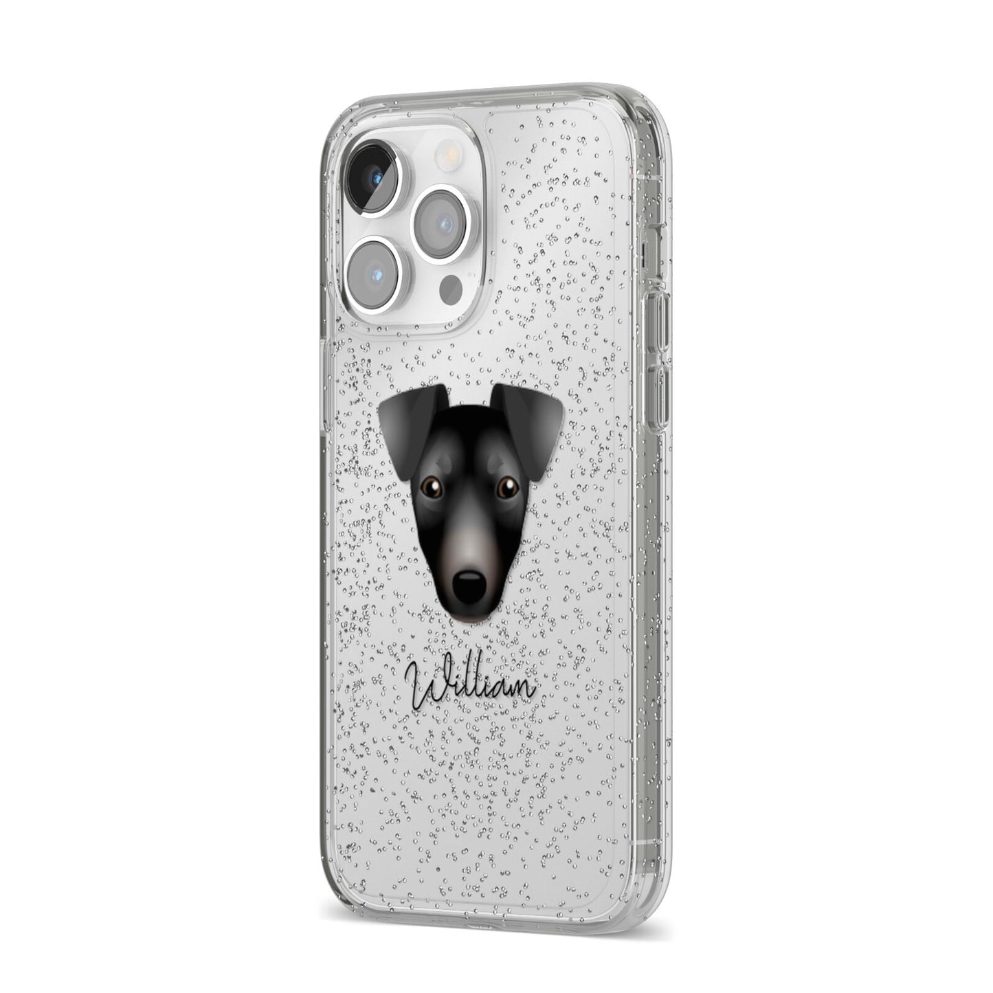 Manchester Terrier Personalised iPhone 14 Pro Max Glitter Tough Case Silver Angled Image
