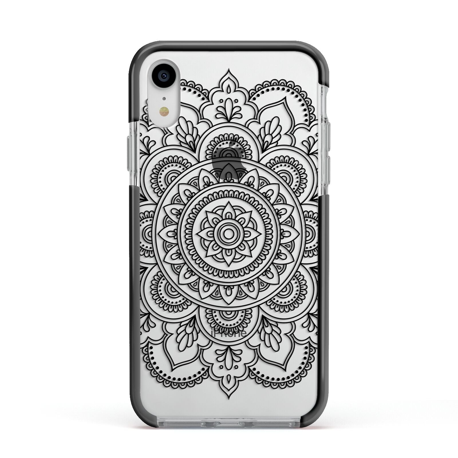 Mandala Apple iPhone XR Impact Case Black Edge on Silver Phone