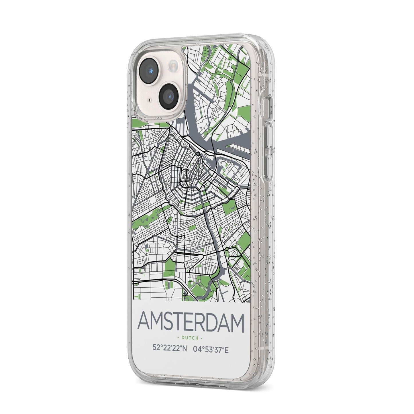 Map of Amsterdam iPhone 14 Plus Glitter Tough Case Starlight Angled Image