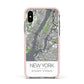 Map of New York Apple iPhone Xs Impact Case Pink Edge on Silver Phone