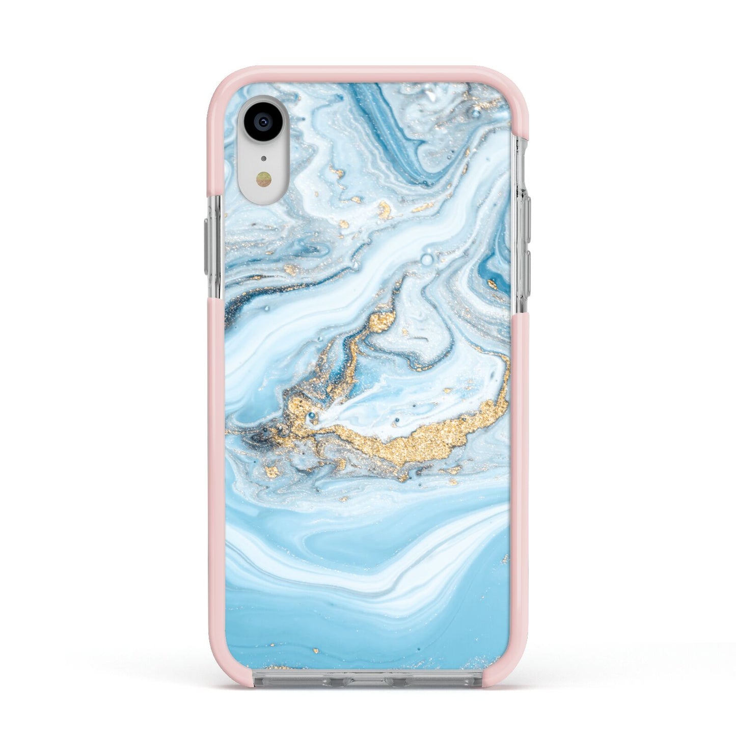 Marble Apple iPhone XR Impact Case Pink Edge on Silver Phone