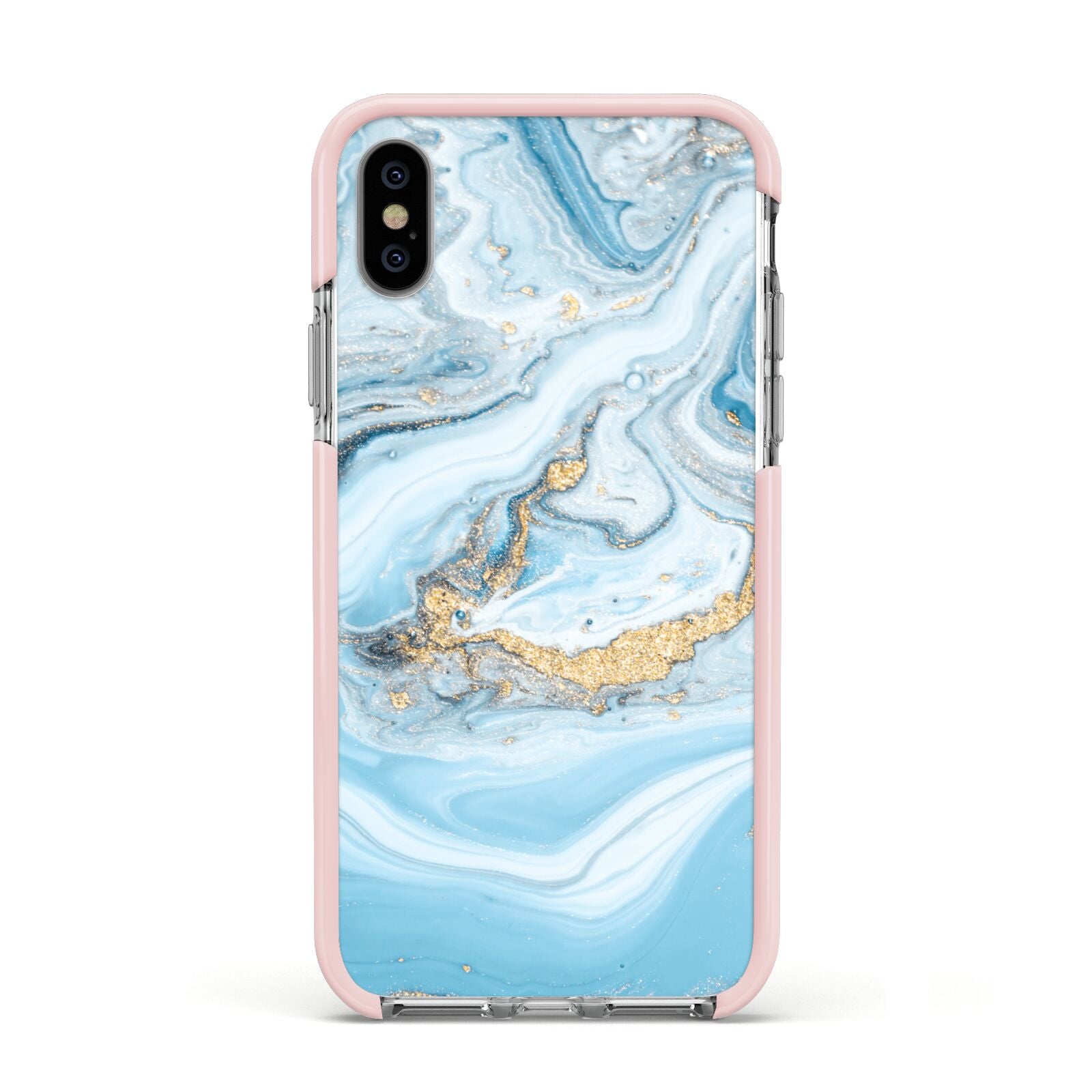 Marble Apple iPhone Xs Impact Case Pink Edge on Silver Phone