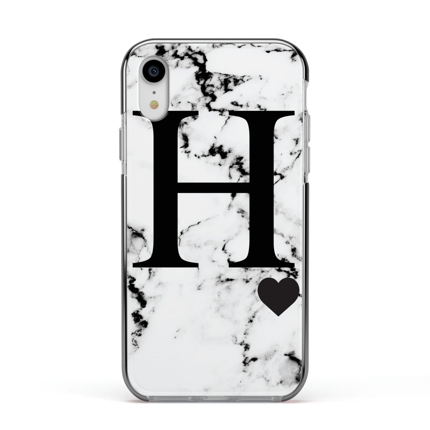 Marble Big Initial Personalised Apple iPhone XR Impact Case Black Edge on Silver Phone