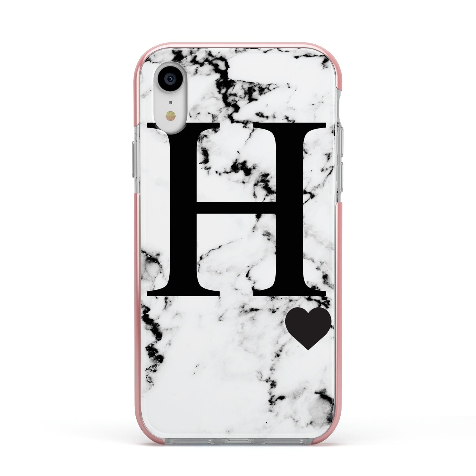 Marble Big Initial Personalised Apple iPhone XR Impact Case Pink Edge on Silver Phone