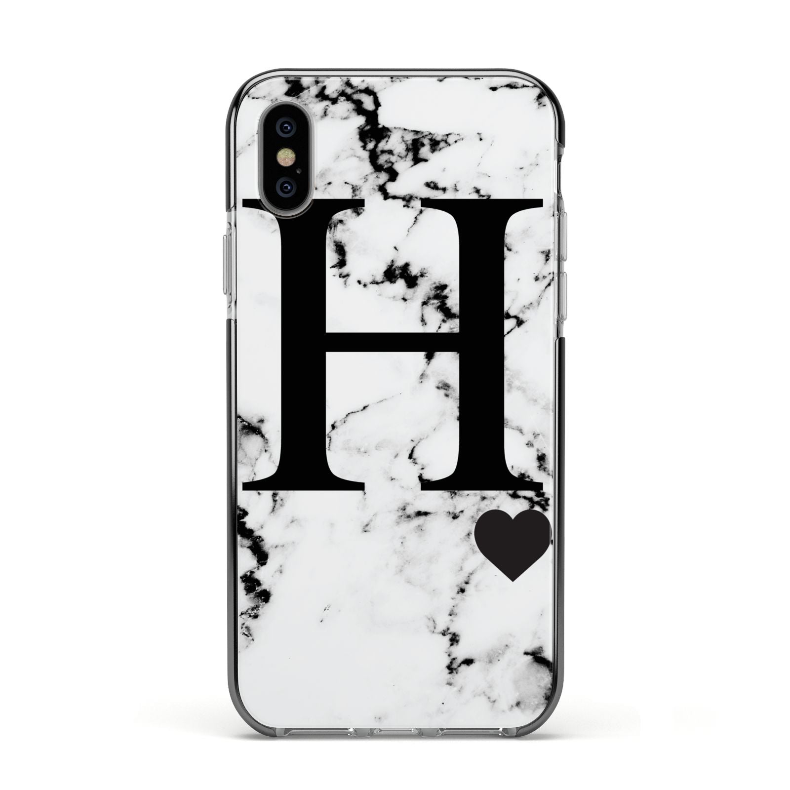 Marble Big Initial Personalised Apple iPhone Xs Impact Case Black Edge on Silver Phone