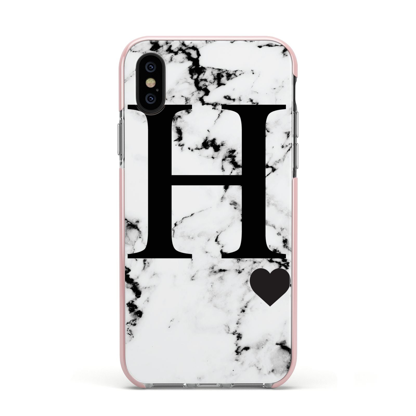 Marble Big Initial Personalised Apple iPhone Xs Impact Case Pink Edge on Black Phone