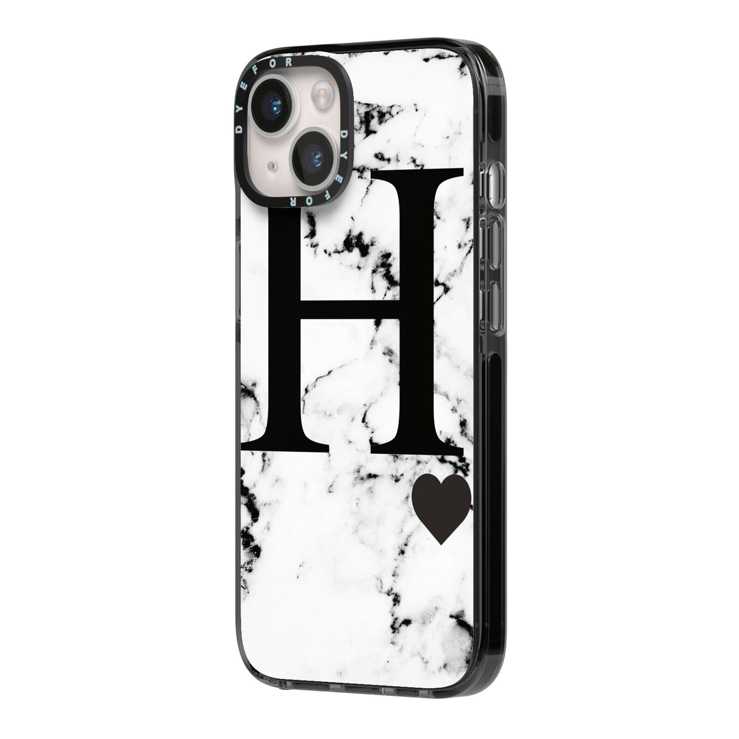 Marble Big Initial Personalised iPhone 14 Black Impact Case Side Angle on Silver phone