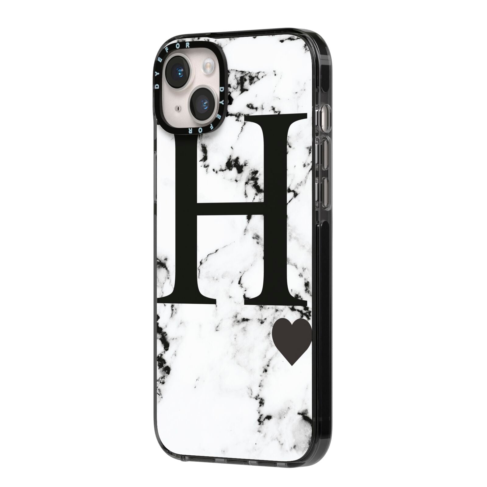 Marble Big Initial Personalised iPhone 14 Plus Black Impact Case Side Angle on Silver phone