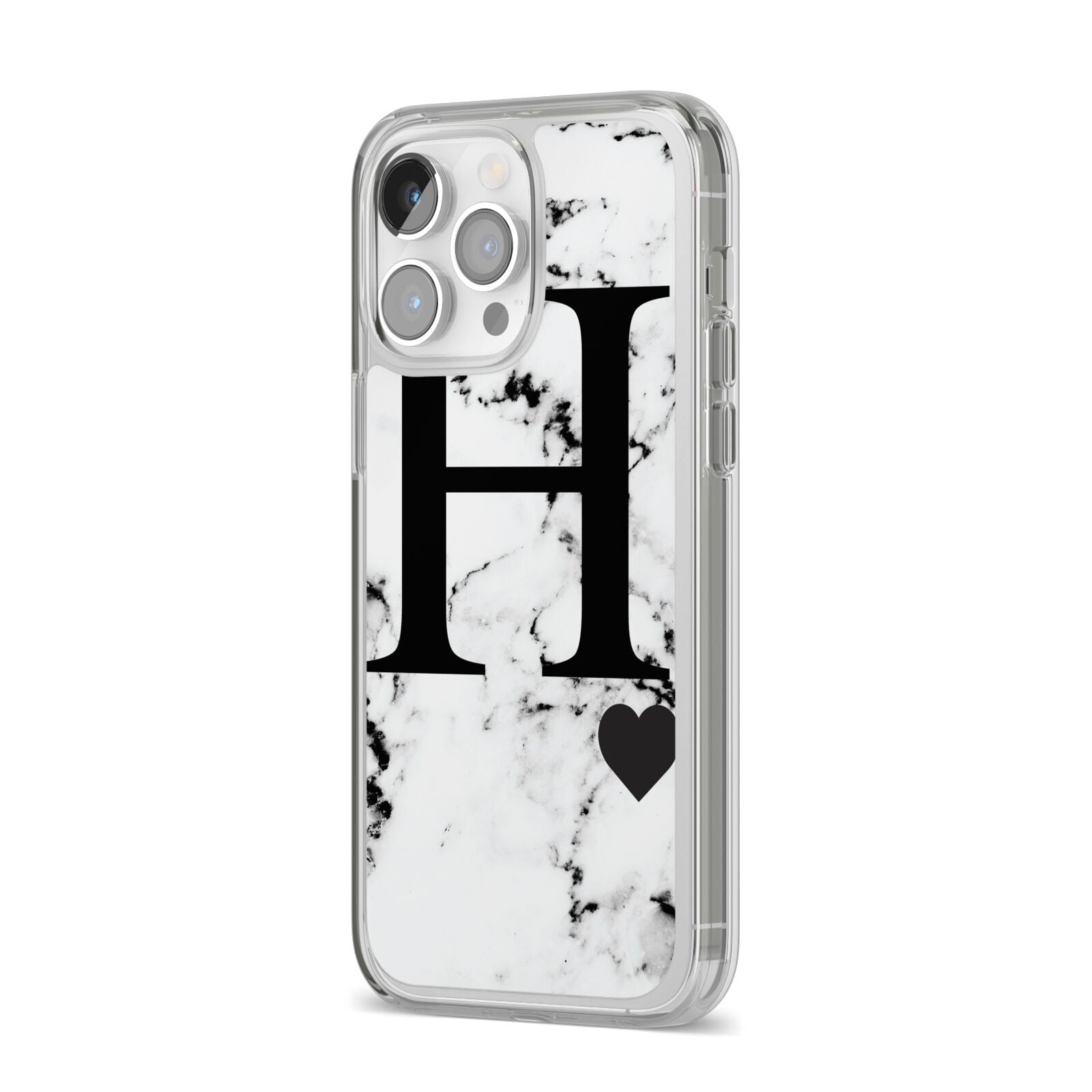 Marble Big Initial Personalised iPhone 14 Pro Max Clear Tough Case Silver Angled Image