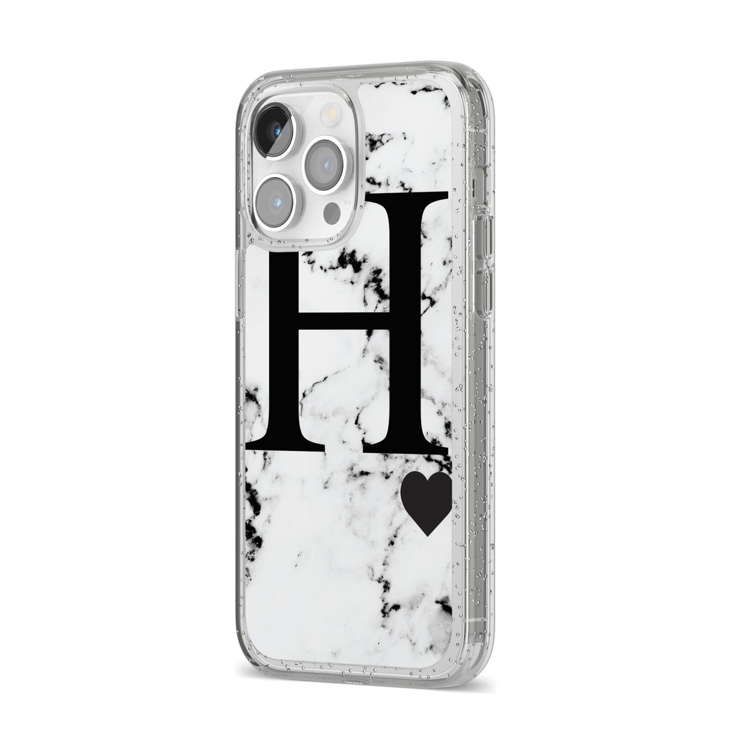 Marble Big Initial Personalised iPhone 14 Pro Max Glitter Tough Case Silver Angled Image