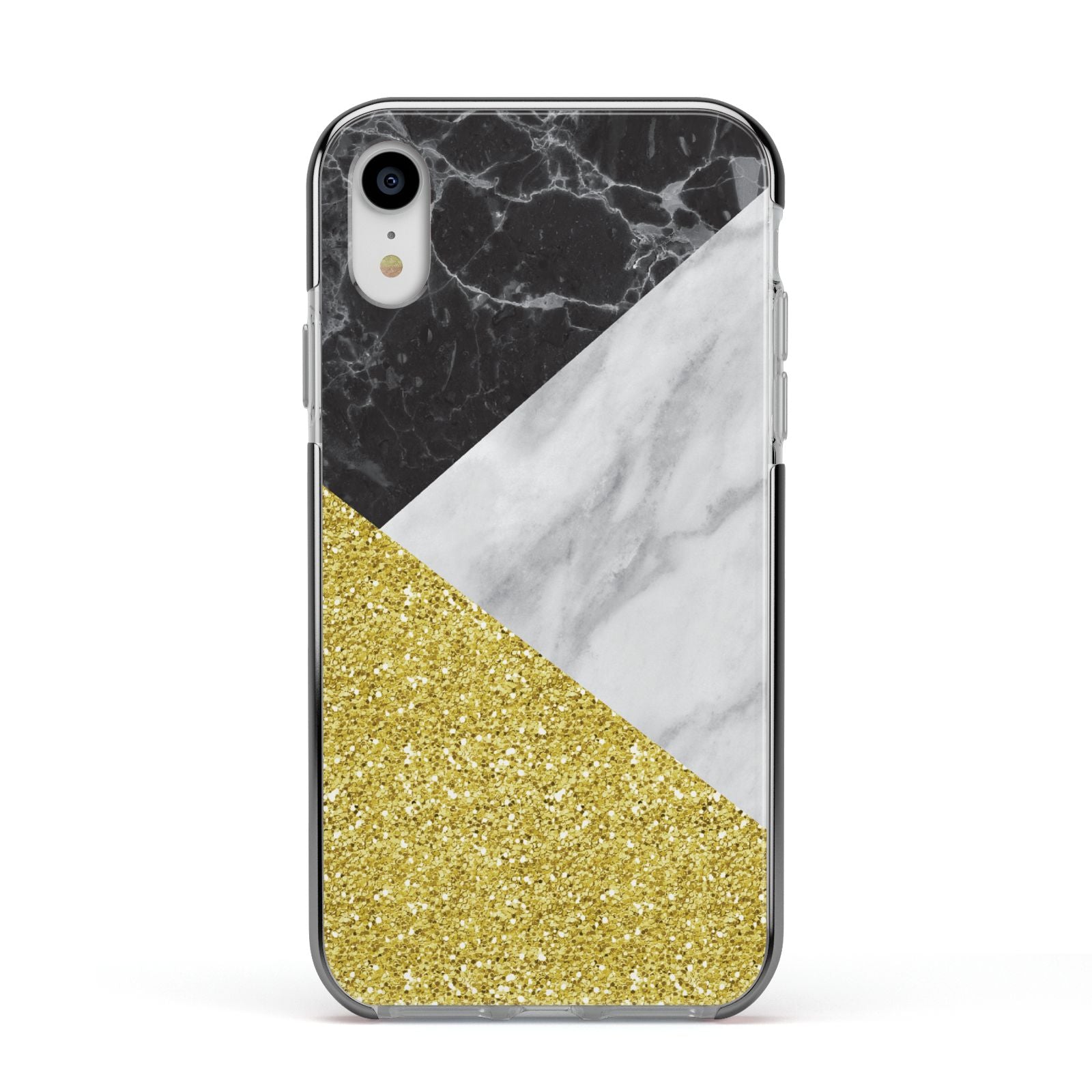 Marble Black Gold Apple iPhone XR Impact Case Black Edge on Silver Phone