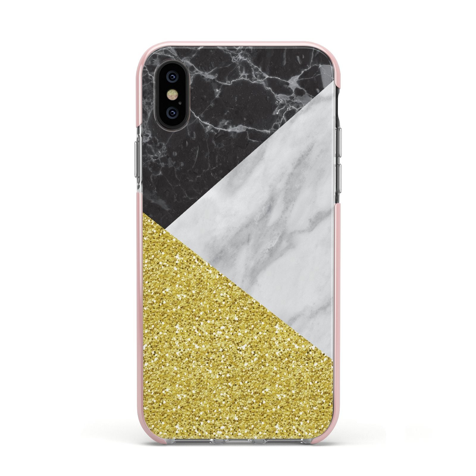 Marble Black Gold Apple iPhone Xs Impact Case Pink Edge on Black Phone