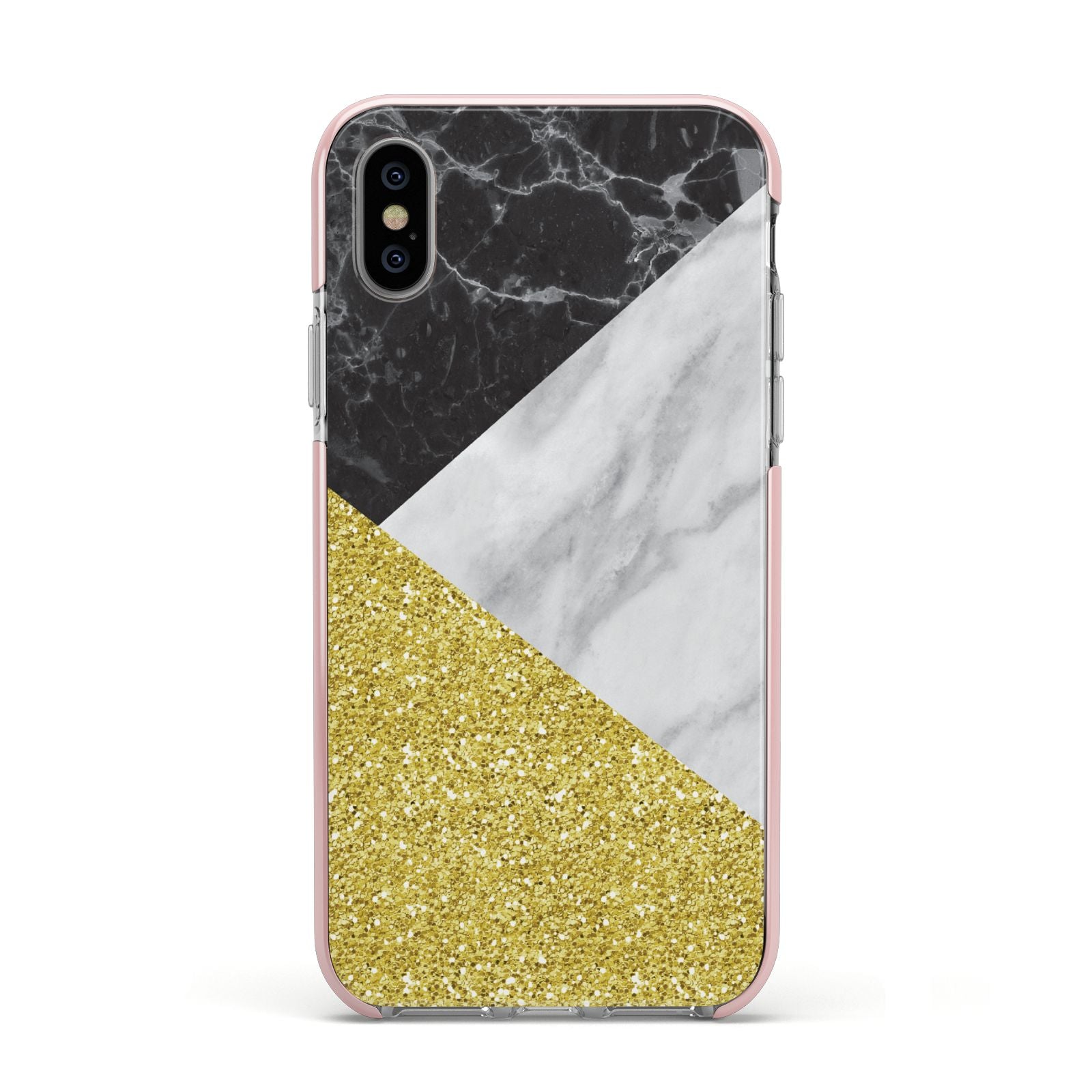 Marble Black Gold Apple iPhone Xs Impact Case Pink Edge on Silver Phone