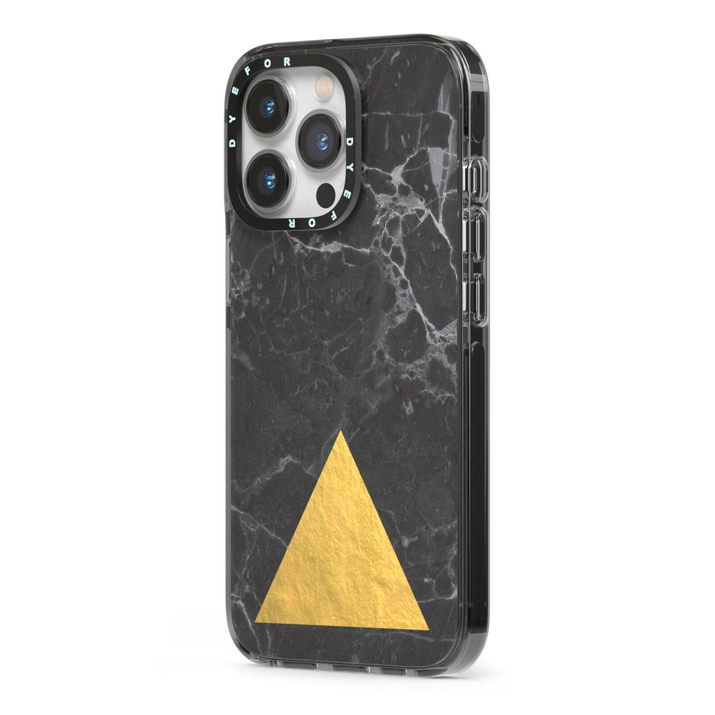 Marble Black Gold Foil iPhone 13 Pro Black Impact Case Side Angle on Silver phone