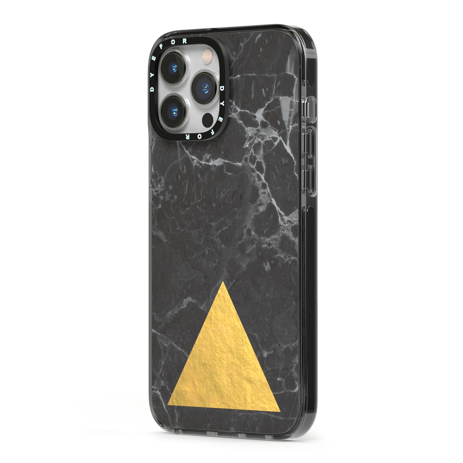 Marble Black Gold Foil iPhone 13 Pro Max Black Impact Case Side Angle on Silver phone