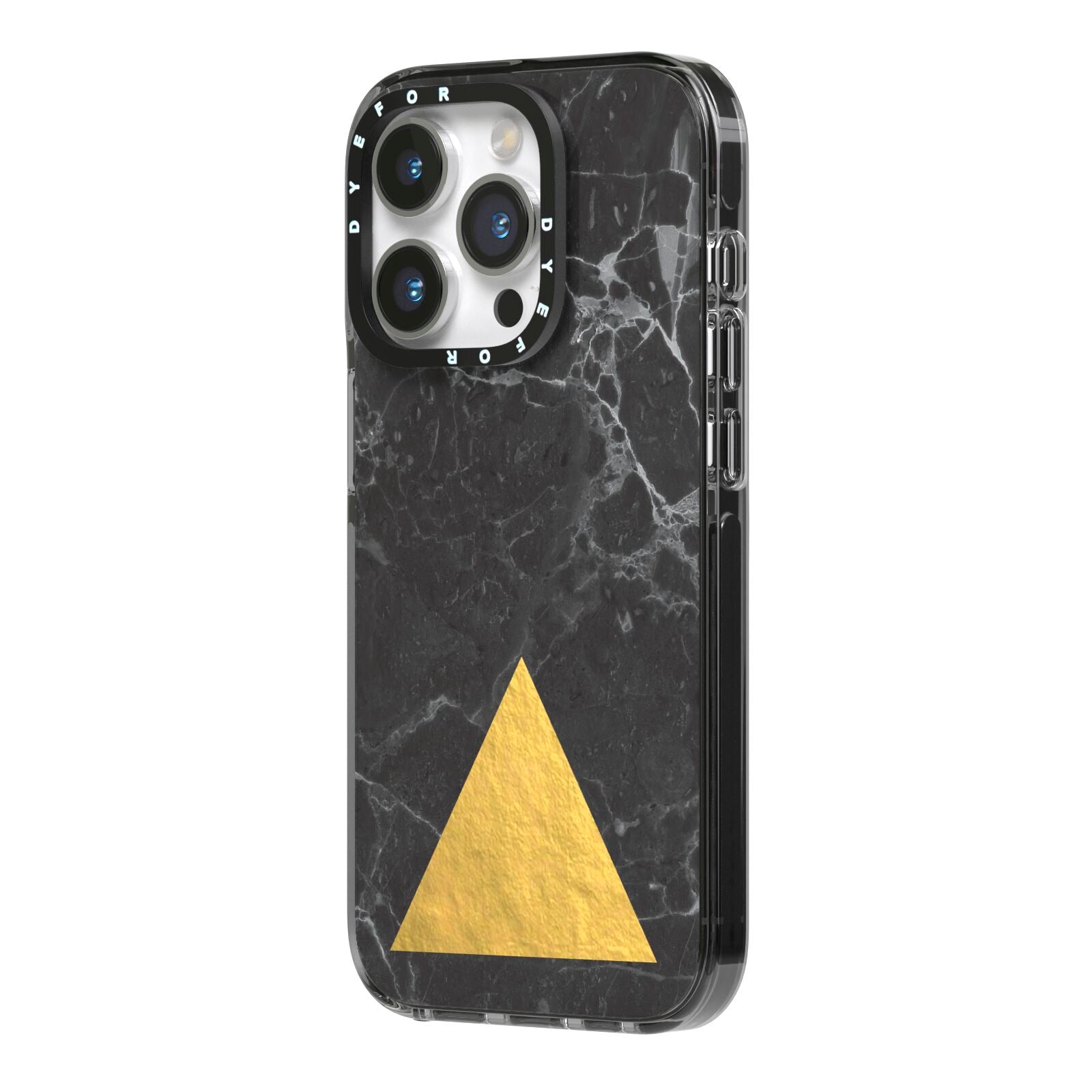 Marble Black Gold Foil iPhone 14 Pro Black Impact Case Side Angle on Silver phone