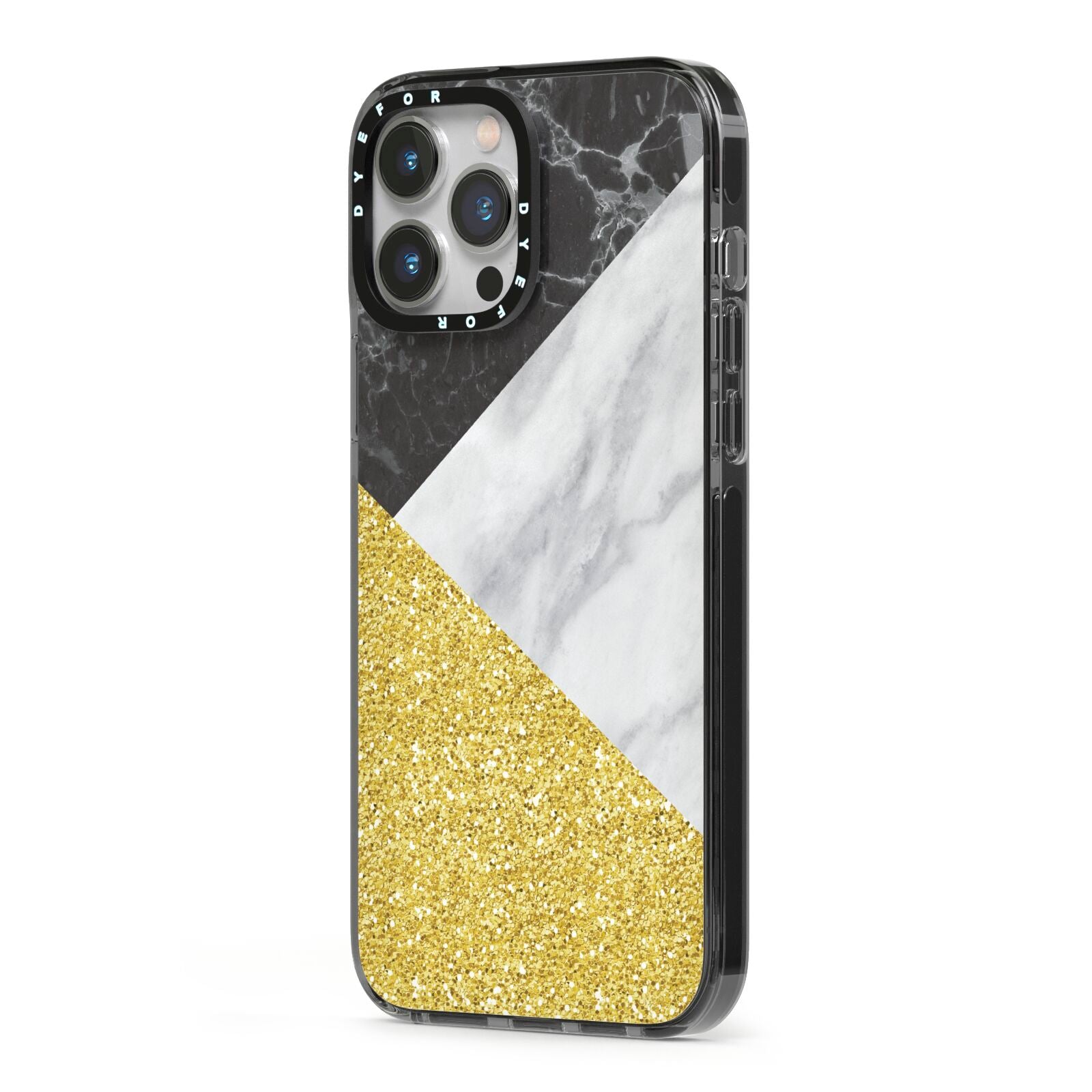 Marble Black Gold iPhone 13 Pro Max Black Impact Case Side Angle on Silver phone