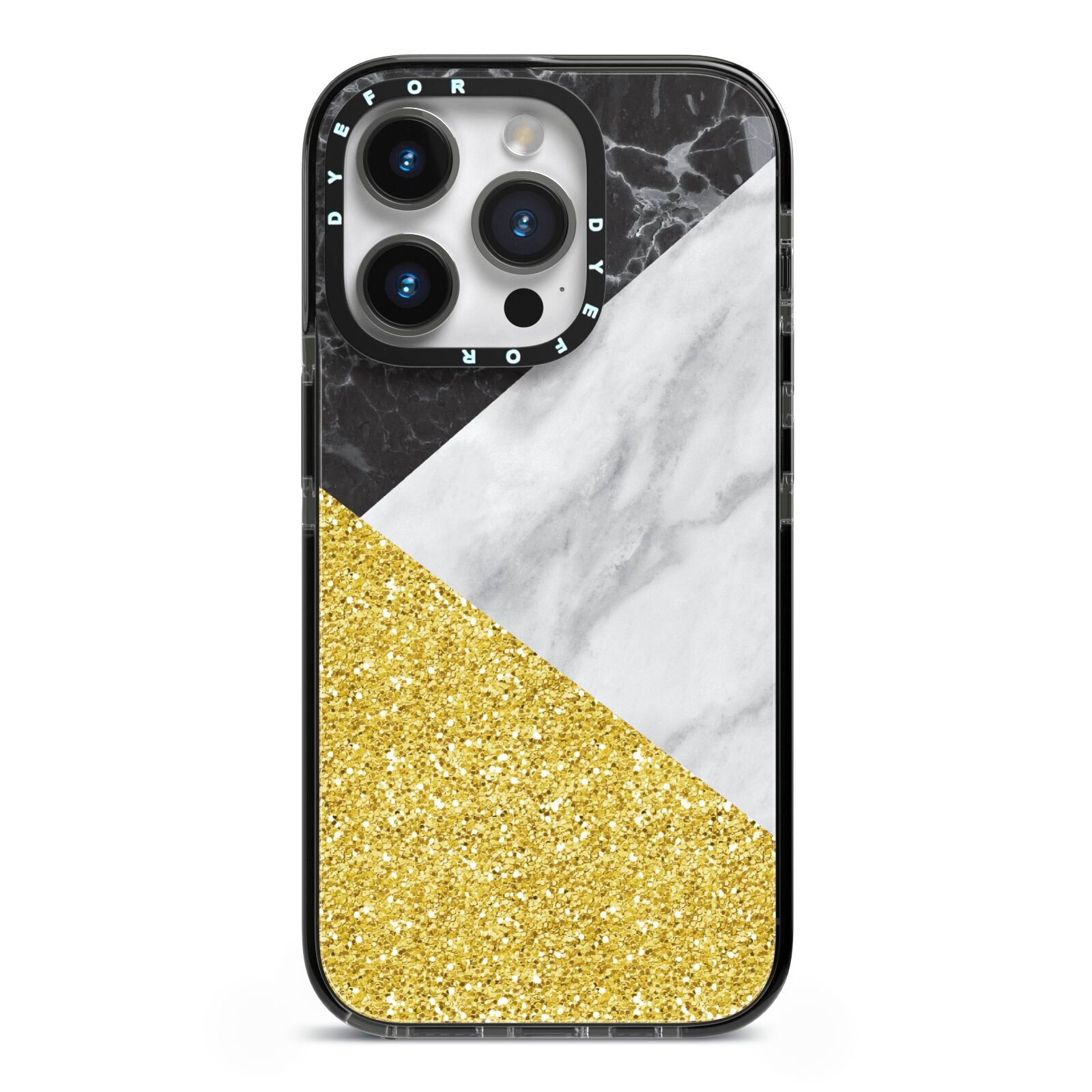 Marble Black Gold iPhone 14 Pro Black Impact Case on Silver phone