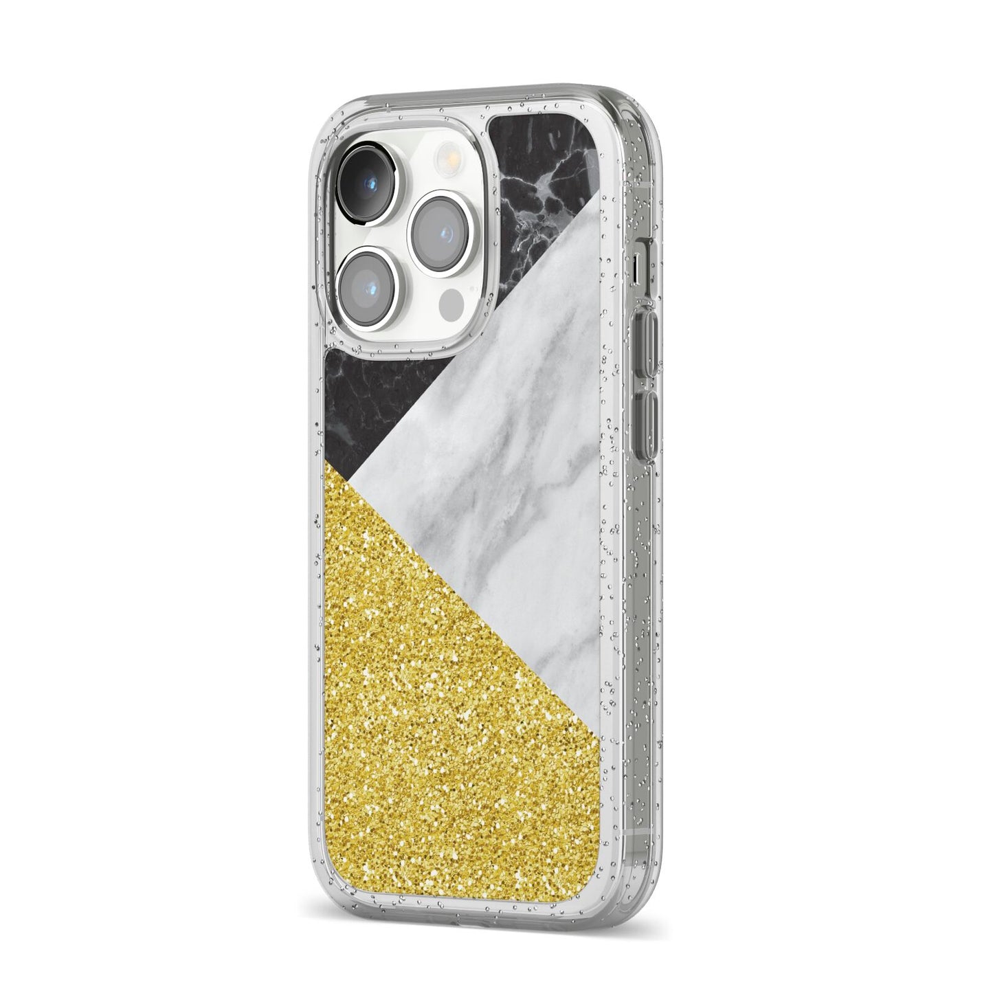 Marble Black Gold iPhone 14 Pro Glitter Tough Case Silver Angled Image