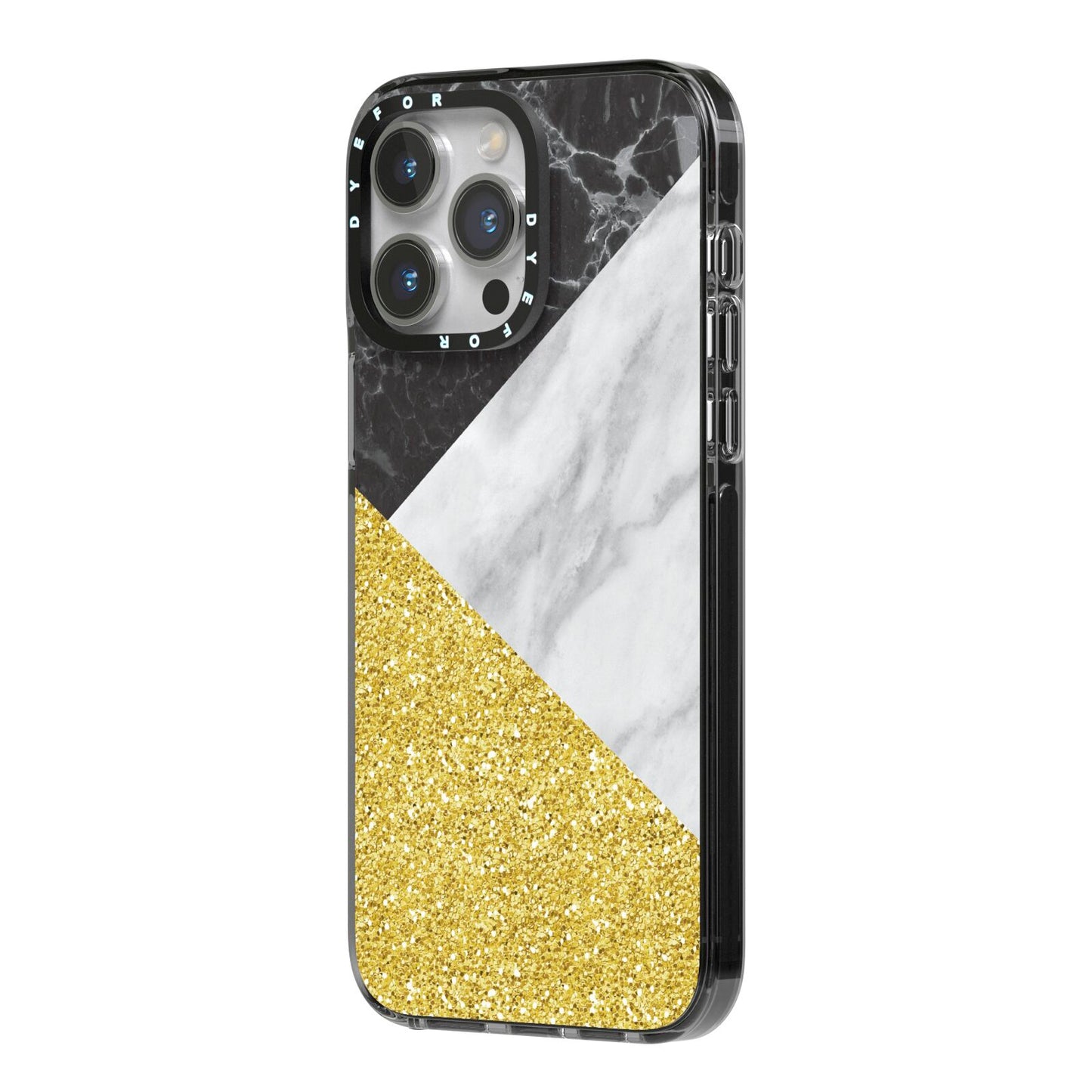 Marble Black Gold iPhone 14 Pro Max Black Impact Case Side Angle on Silver phone