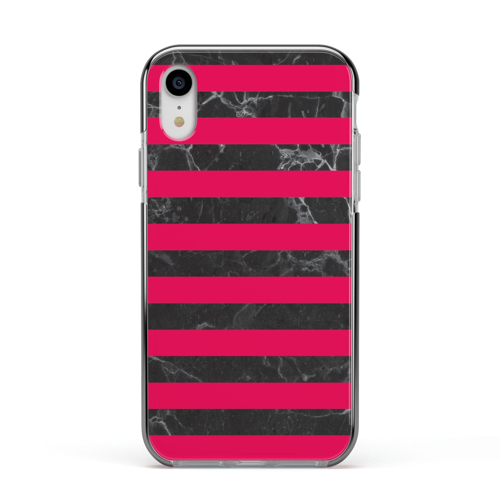 Marble Black Hot Pink Apple iPhone XR Impact Case Black Edge on Silver Phone
