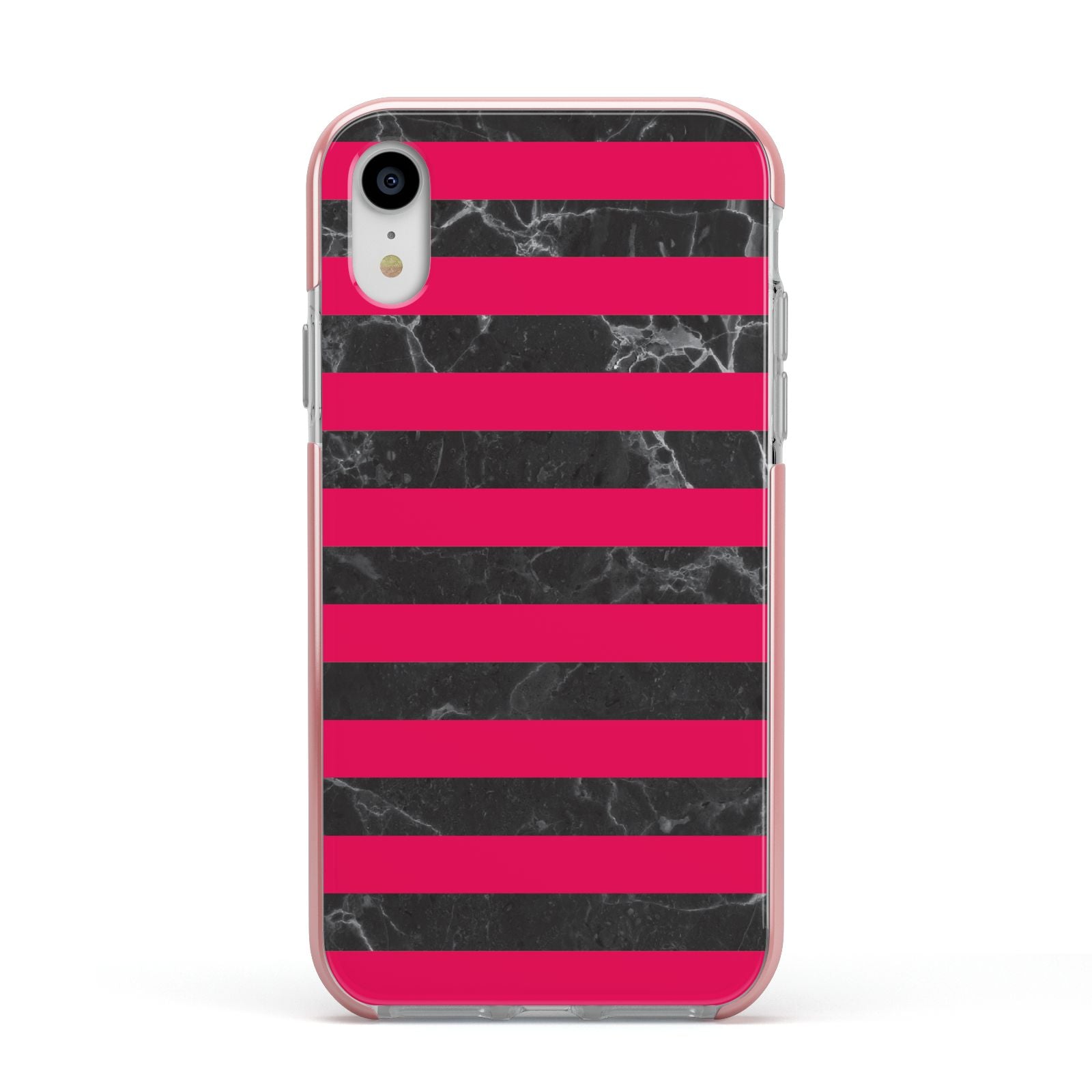 Marble Black Hot Pink Apple iPhone XR Impact Case Pink Edge on Silver Phone