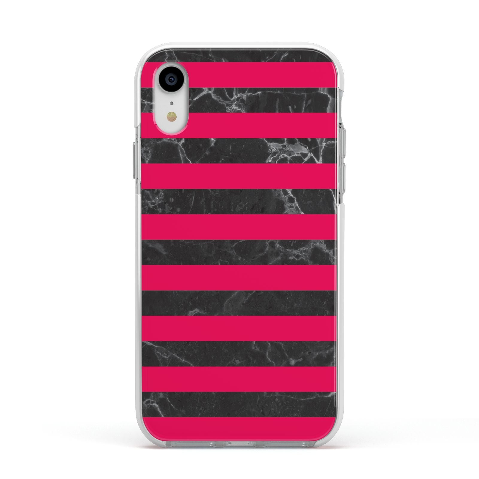 Marble Black Hot Pink Apple iPhone XR Impact Case White Edge on Silver Phone