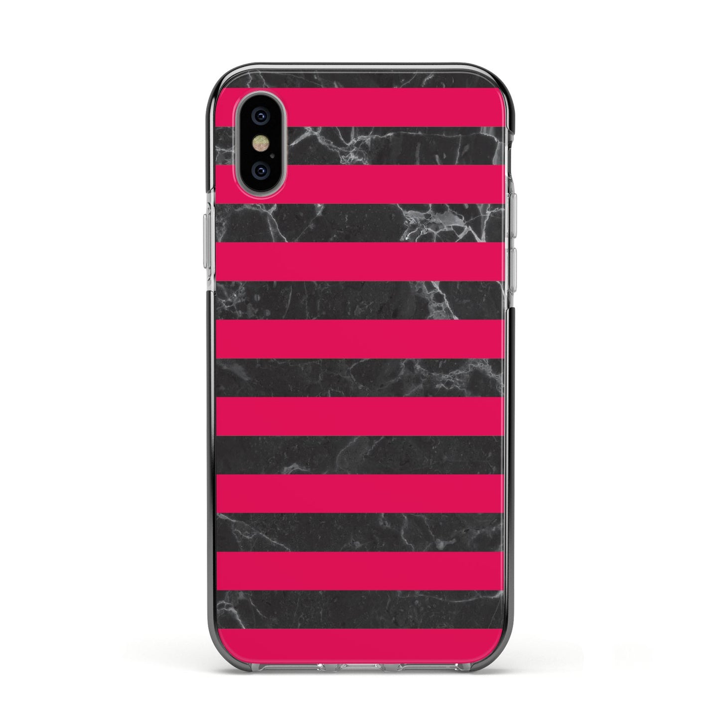 Marble Black Hot Pink Apple iPhone Xs Impact Case Black Edge on Silver Phone