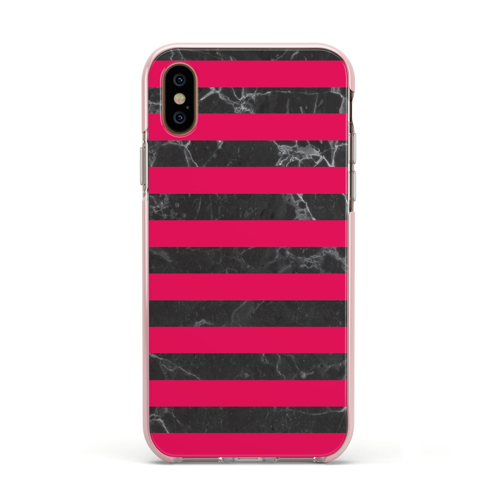 Marble Black Hot Pink Apple iPhone Xs Impact Case Pink Edge on Gold Phone