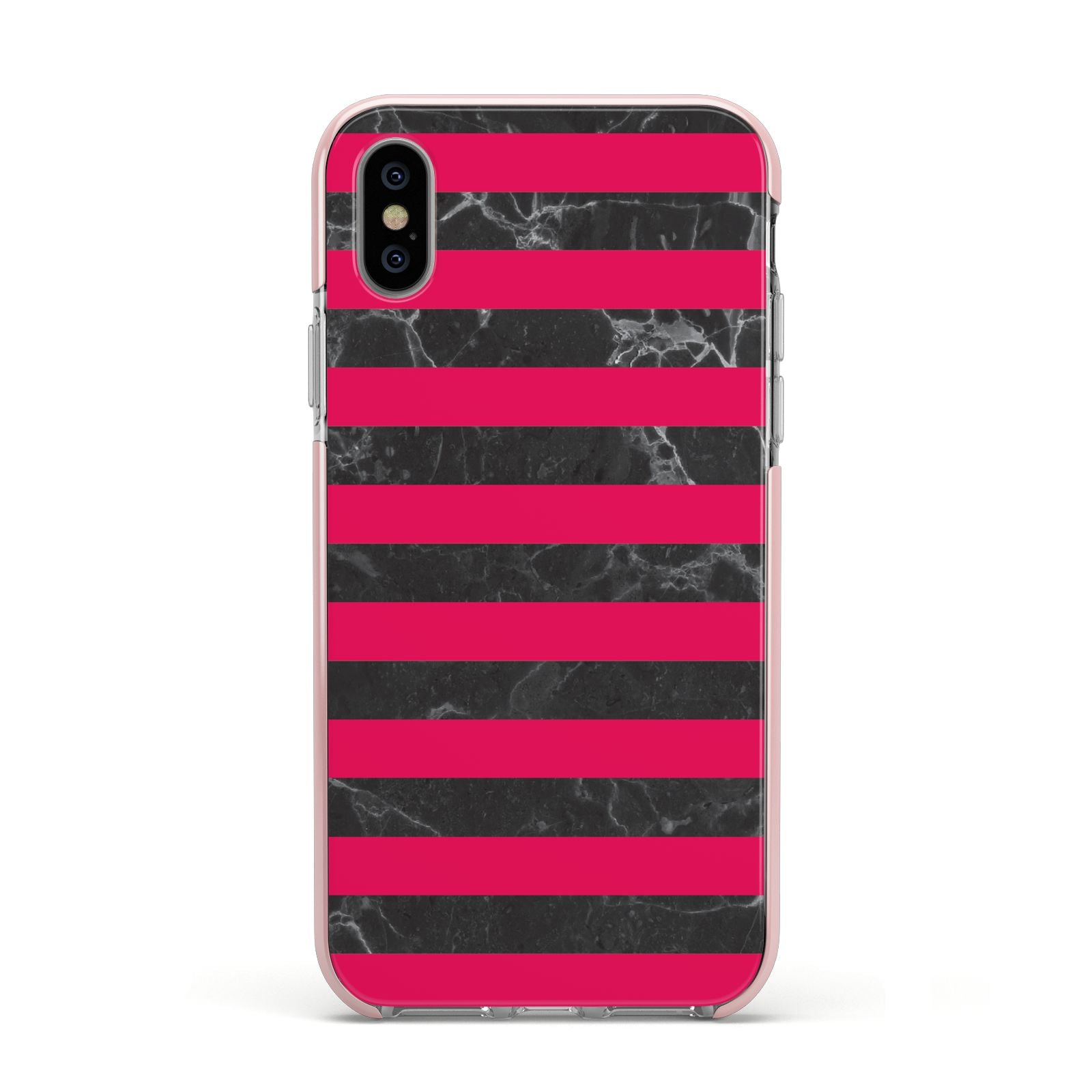 Marble Black Hot Pink Apple iPhone Xs Impact Case Pink Edge on Silver Phone