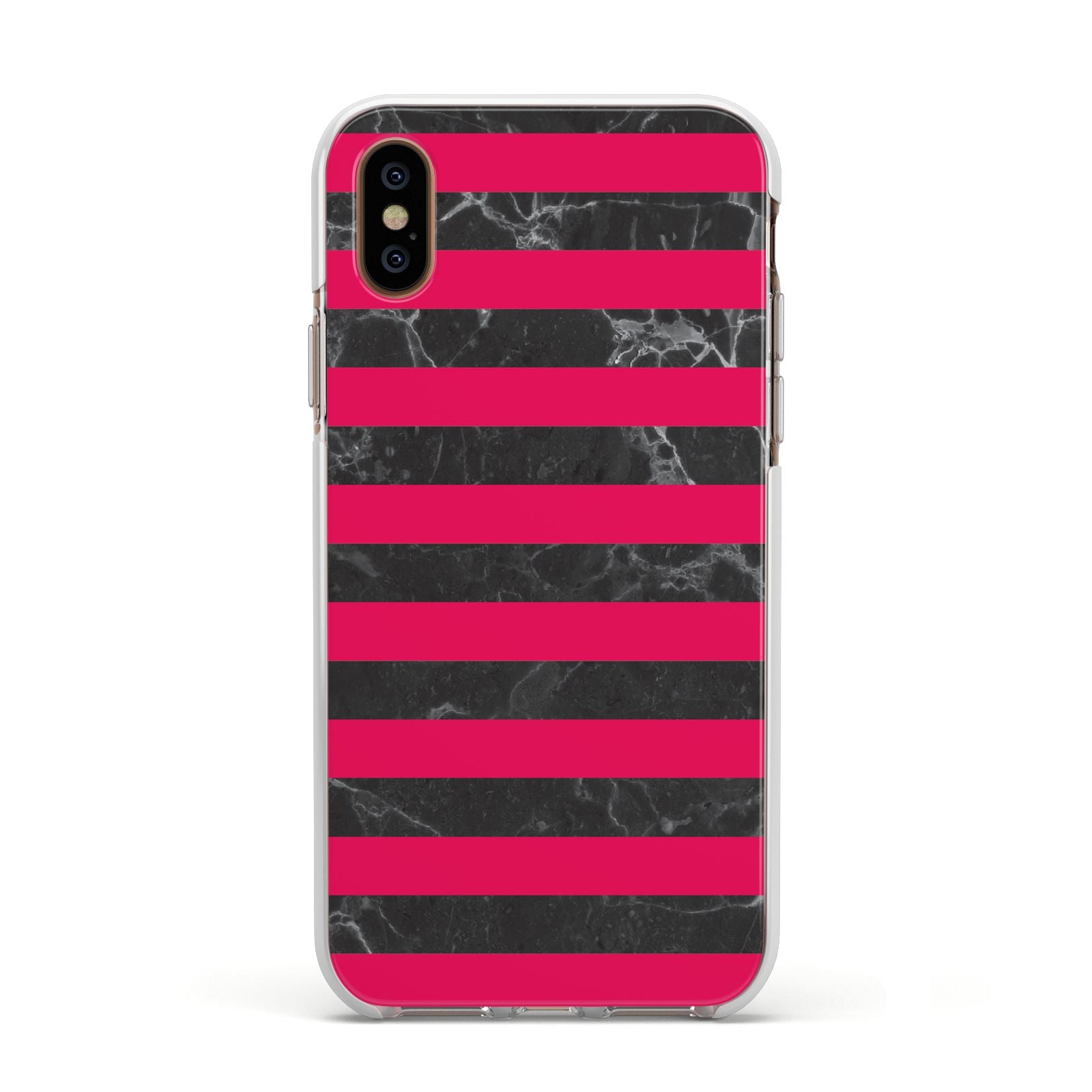 Marble Black Hot Pink Apple iPhone Xs Impact Case White Edge on Gold Phone