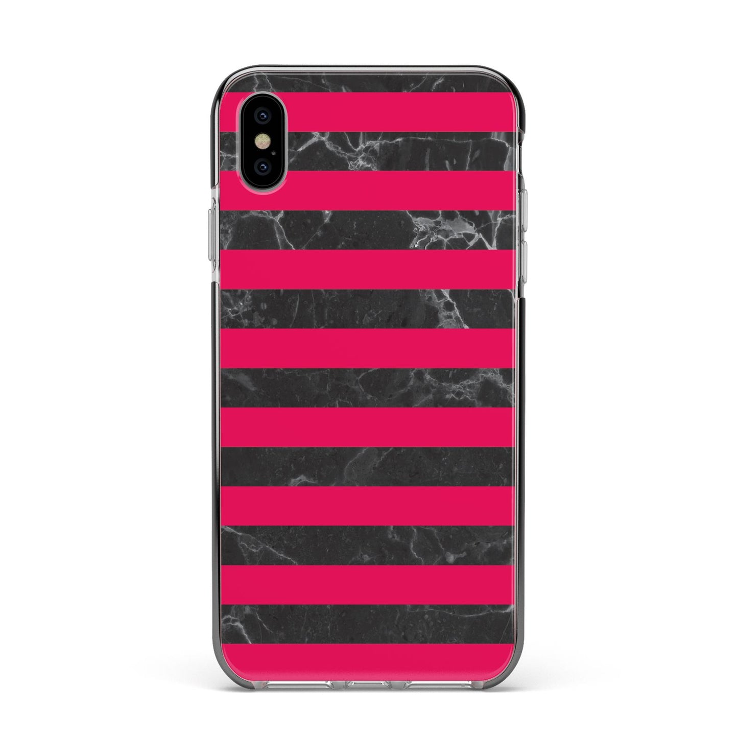 Marble Black Hot Pink Apple iPhone Xs Max Impact Case Black Edge on Silver Phone
