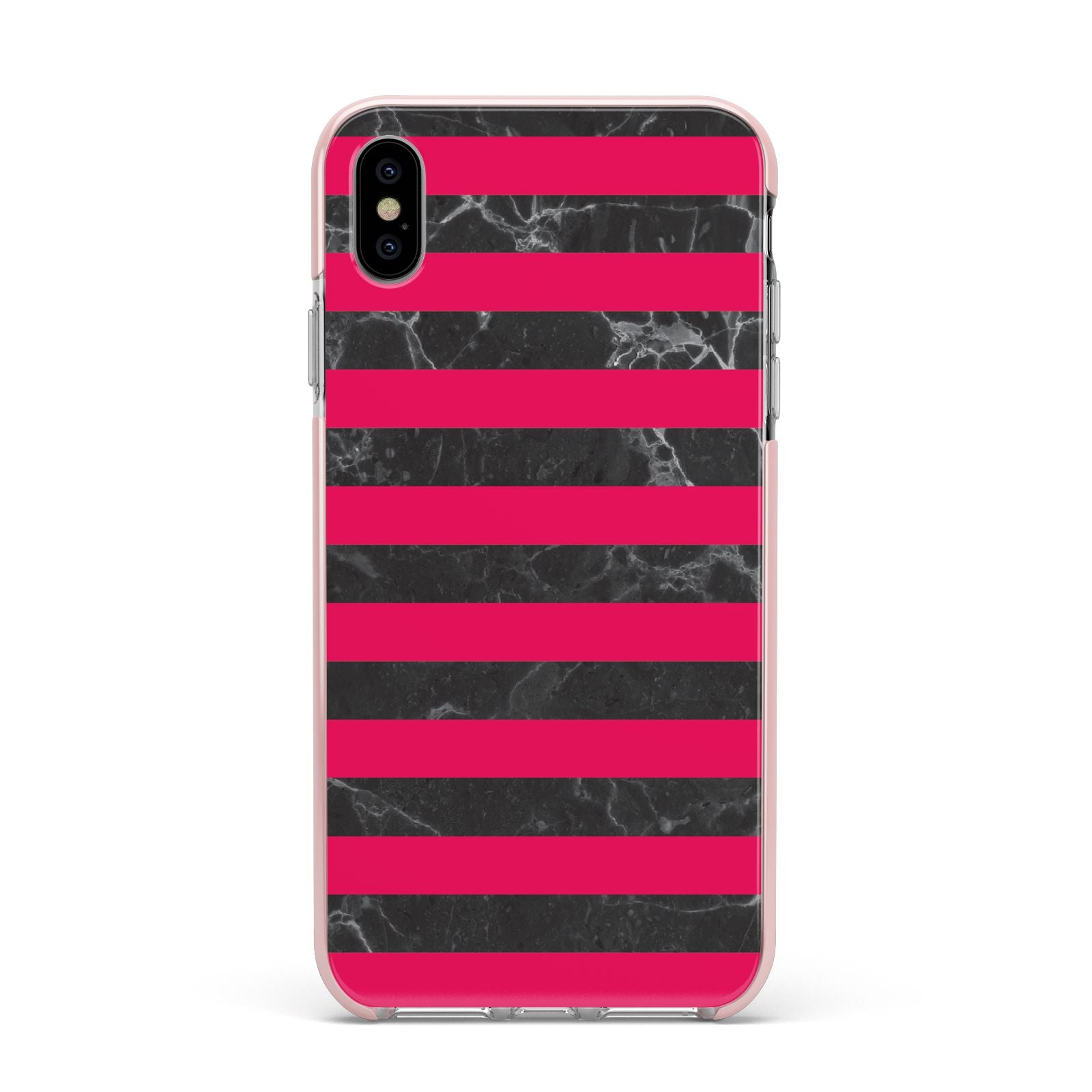 Marble Black Hot Pink Apple iPhone Xs Max Impact Case Pink Edge on Silver Phone